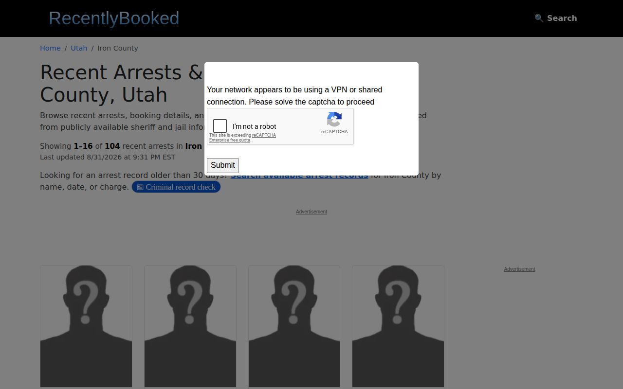 Unofficial Iron County booking-record page requiring official verification