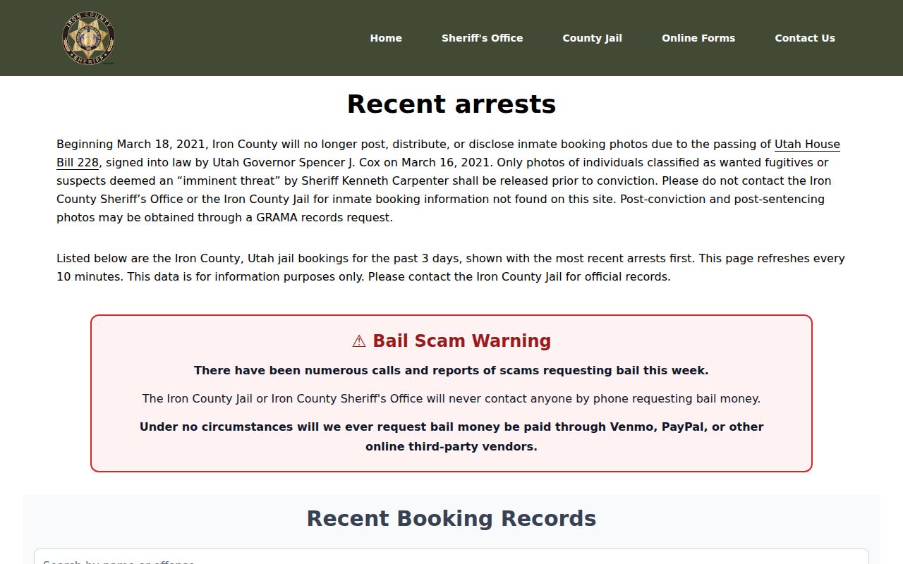 Iron County recent bookings feed with three-day booking-record window
