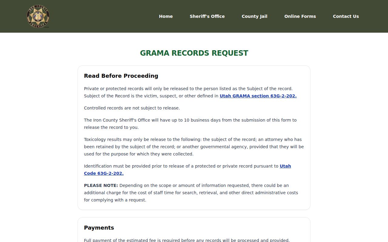 Iron County booking-record request form for a mugshot or jail record