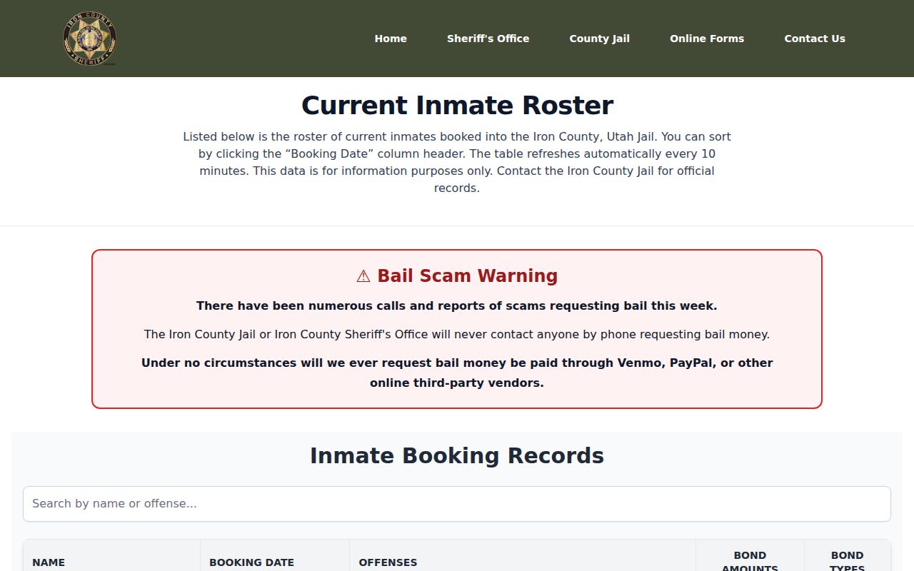 Iron County Jail current inmate roster showing booking-record search fields